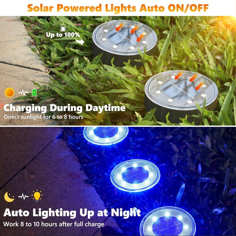 Joomer Solar Ground Lights, 4 Pack 8 LED Solar Lights Outdoor Waterproof IP68 Disc Light Landscape Lighting Garden Light for Patio Pathway Lawn Yard Driveway Walkway(Blue) - Image 3